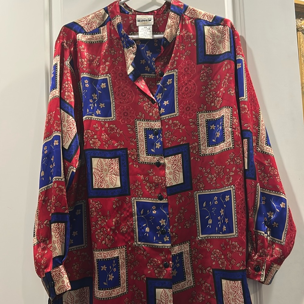 Bentley Plus floral vibrant button down top blouse band collar long sleeves 16W